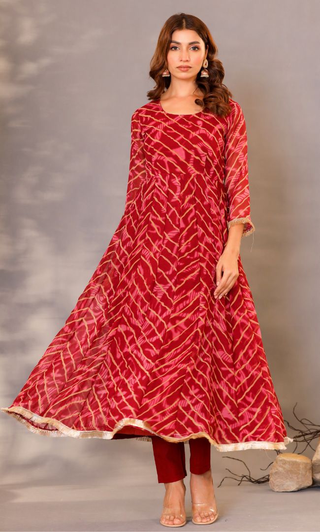 Maroon Leheriya Anarkali Set