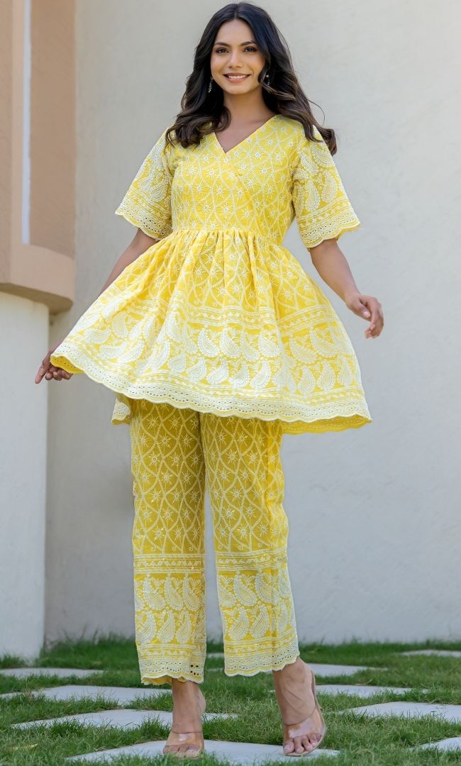 Lemon Chikankari Top Pant Set
