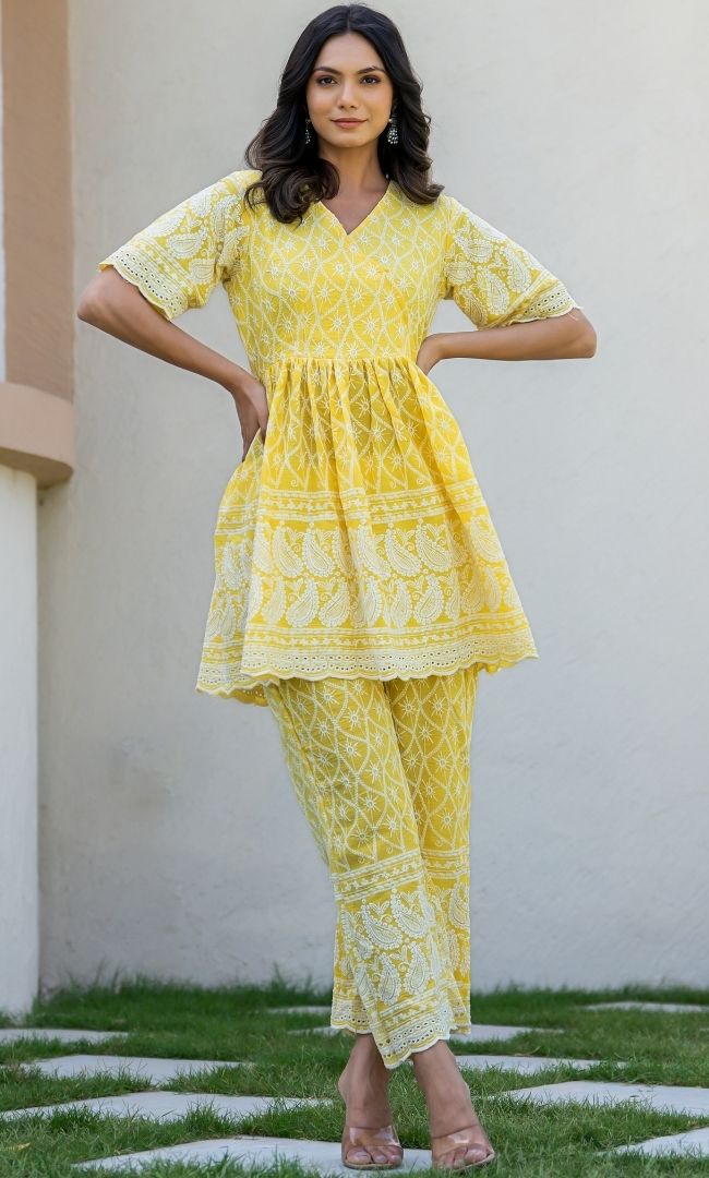 Lemon Chikankari Top Pant Set