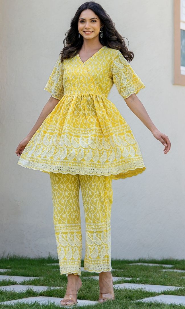 Lemon Chikankari Top Pant Set