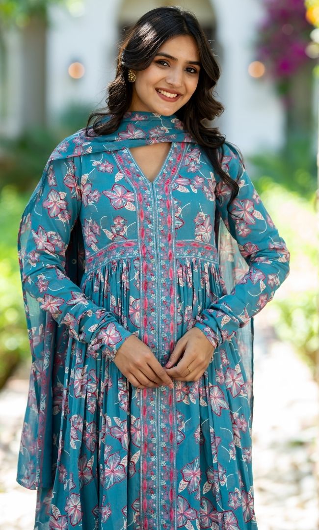 Blue Bloom Anarkali Set