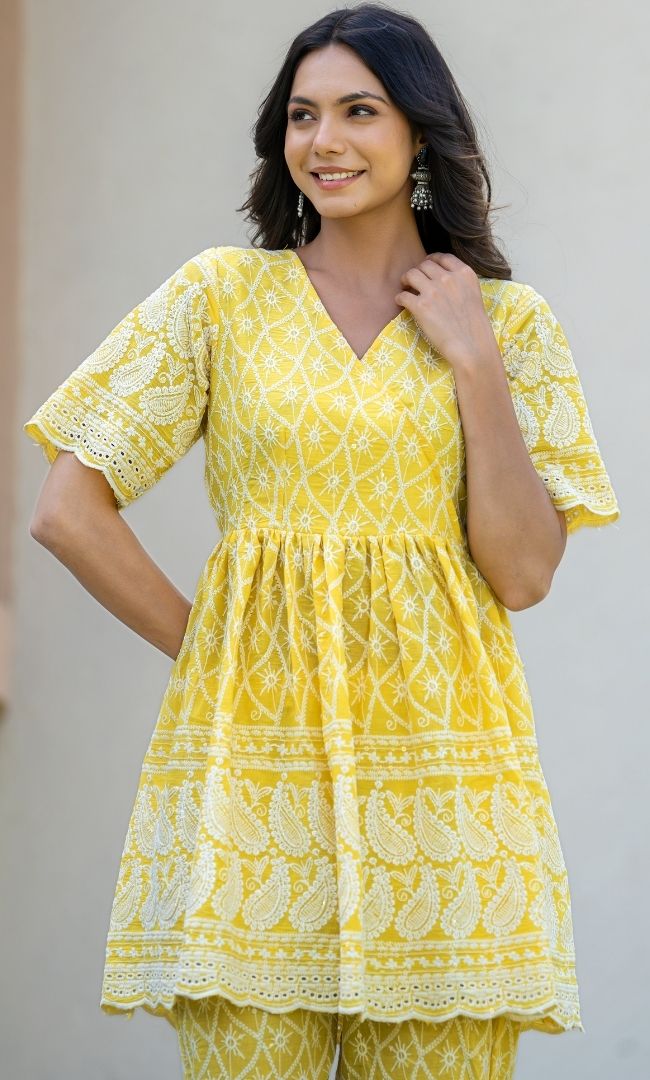 Lemon Chikankari Top Pant Set