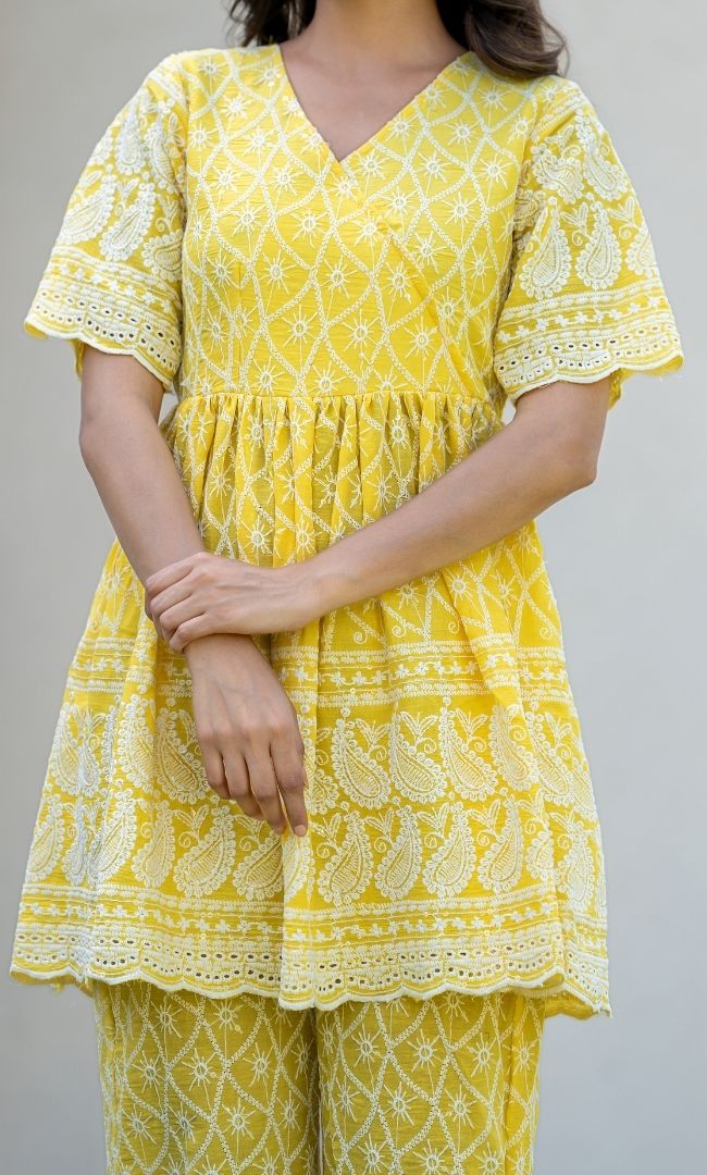 Lemon Chikankari Top Pant Set