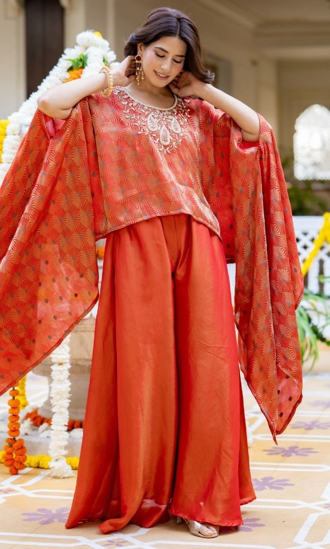 Evara Organge Brocade Cape Set