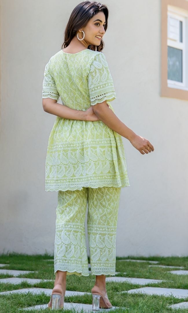 Pastel Green Chikankari Top With Pant