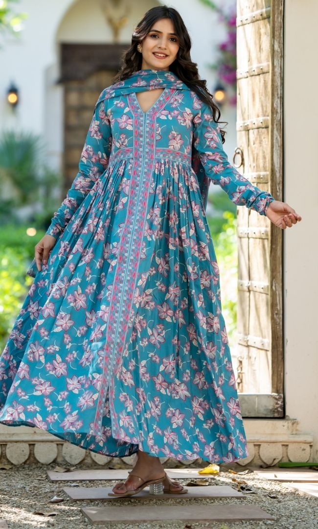Blue Bloom Anarkali Set