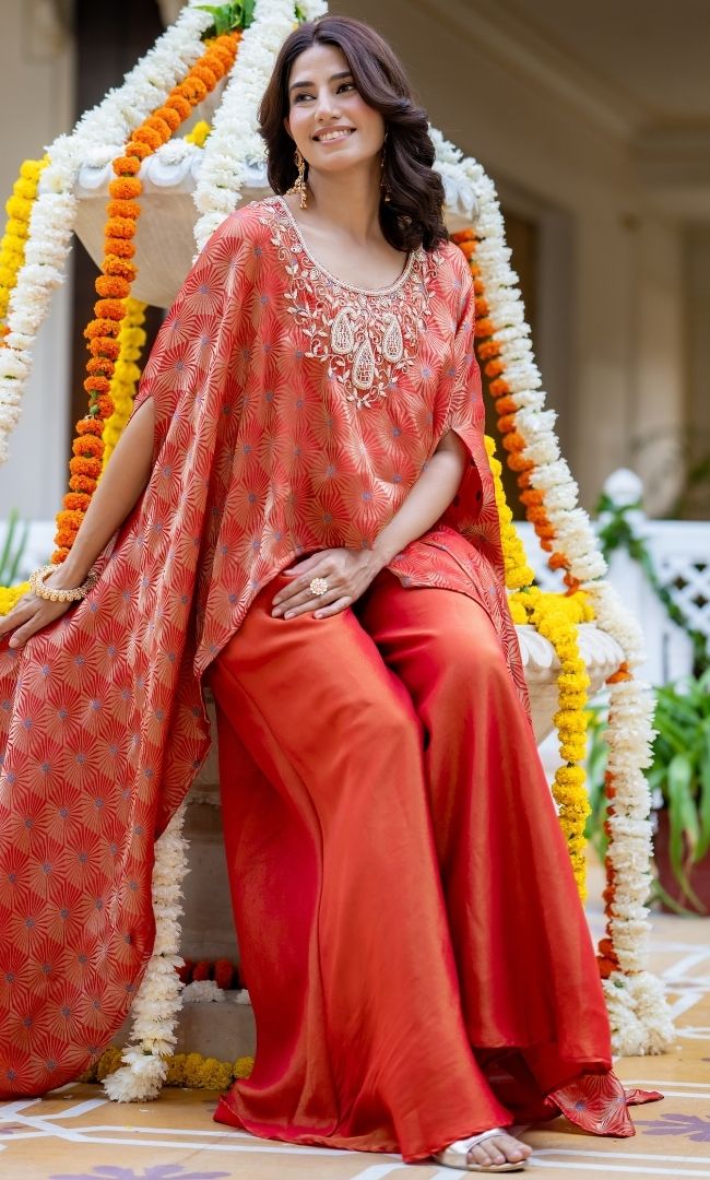 Evara Organge Brocade Cape Set