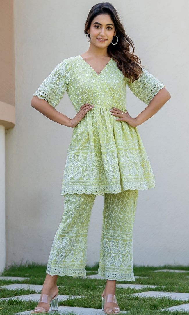 Pastel Green Chikankari Top With Pant