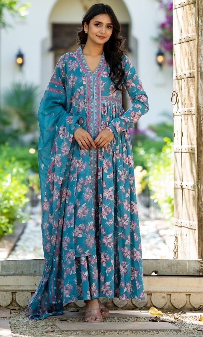Blue Bloom Anarkali Set