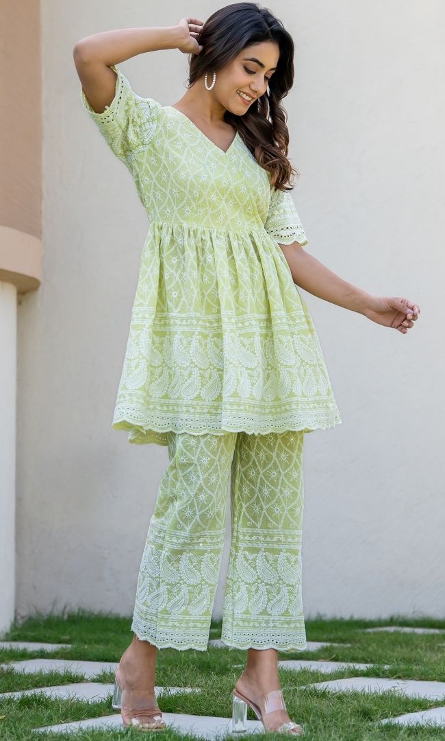 Pastel Green Chikankari Top With Pant