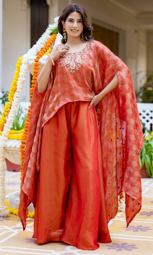 Evara Organge Brocade Cape Set