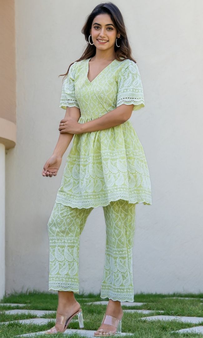 Pastel Green Chikankari Top With Pant