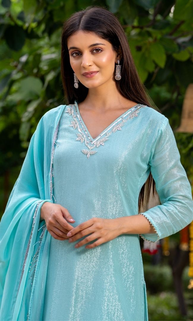 Cyan Blue Lurex Kurta Set