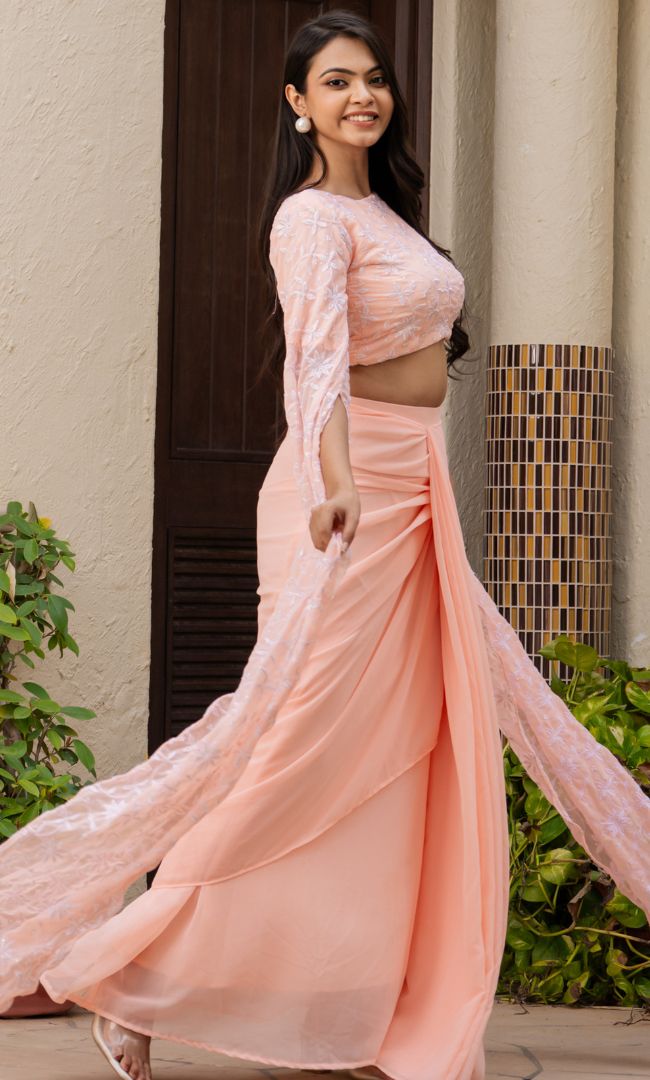 Divine Peach Ethnic Skirt Set