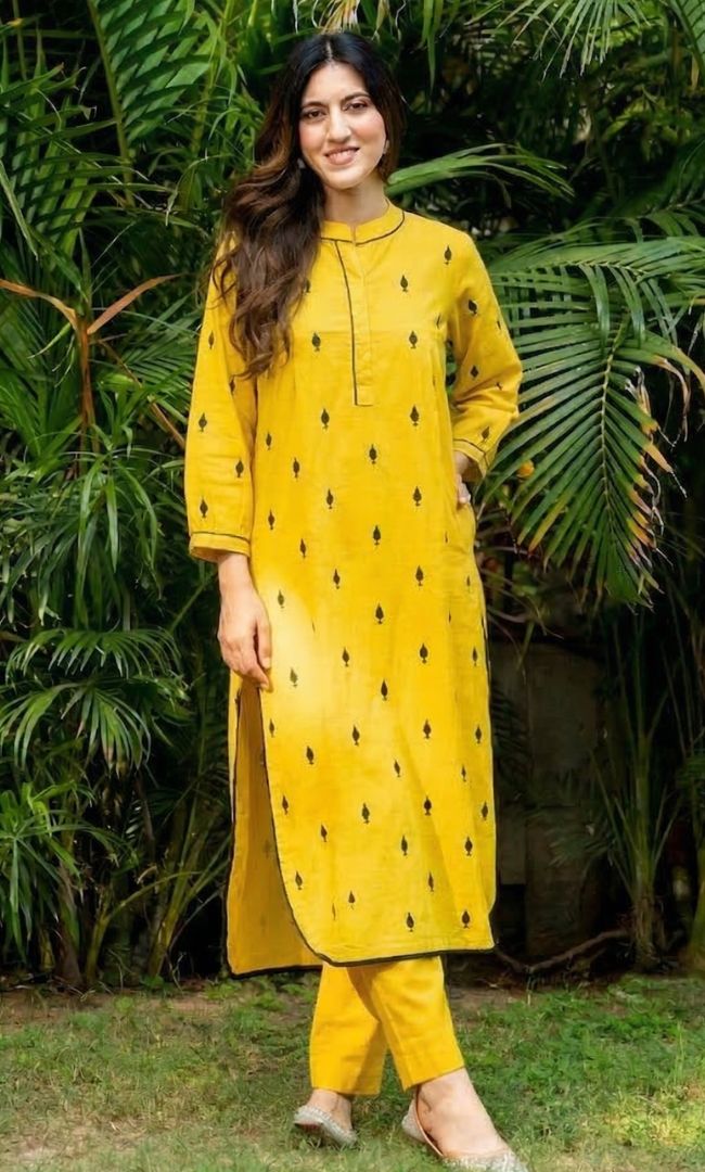 Yellow Pikes Spades Cotton Kurta Set