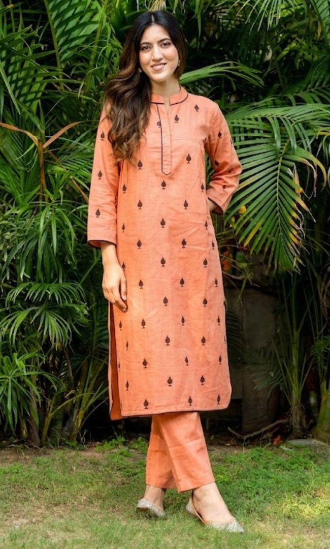 Peach Pikes Spades Cotton Kurta Set