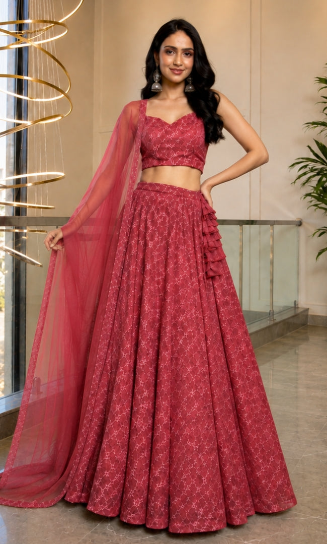 Berry Rose Jaal Embroidery Lehenga Set