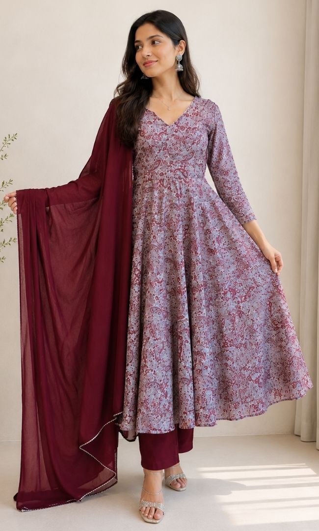 Maroon Floral Organza Anarkali Set