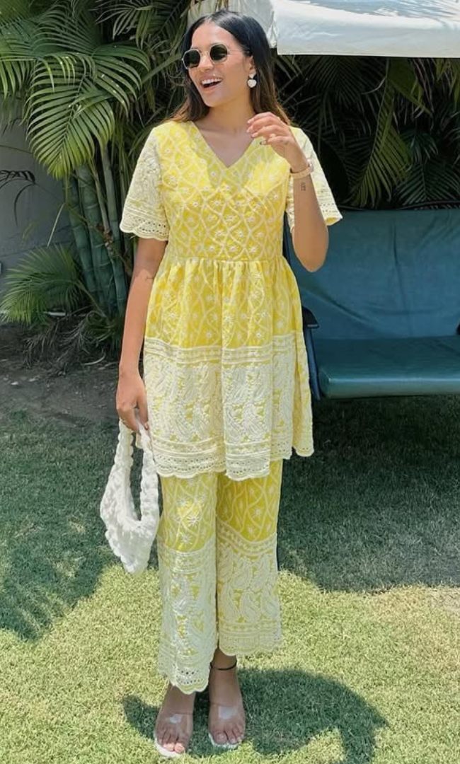 Lemon Chikankari Top Pant Set