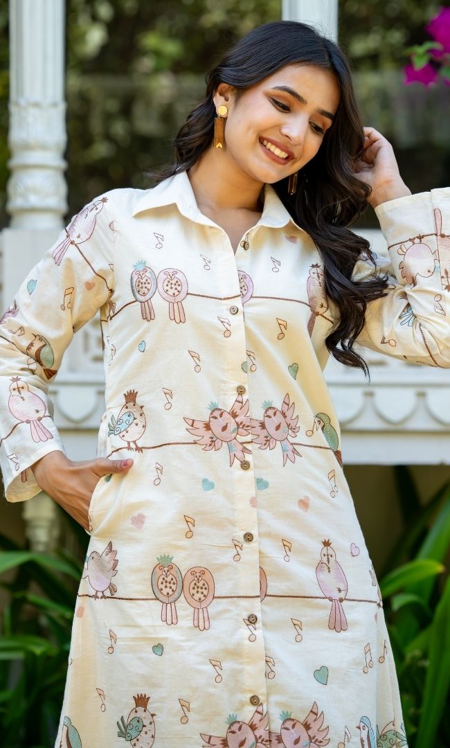 Bird Chirp Cotton Shirt Dress
