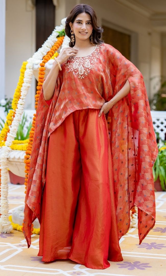 Evara Organge Brocade Cape Set