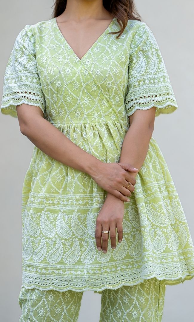 Pastel Green Chikankari Top With Pant