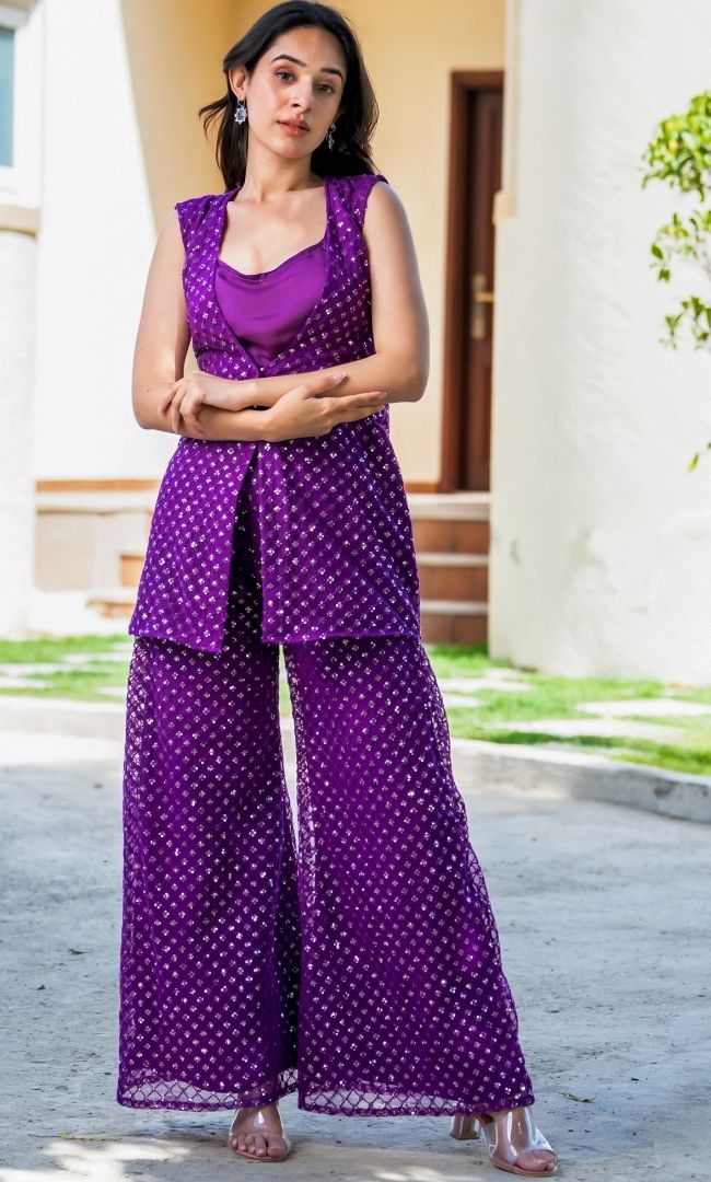 Kiara Purple Embroidered Jacket Set