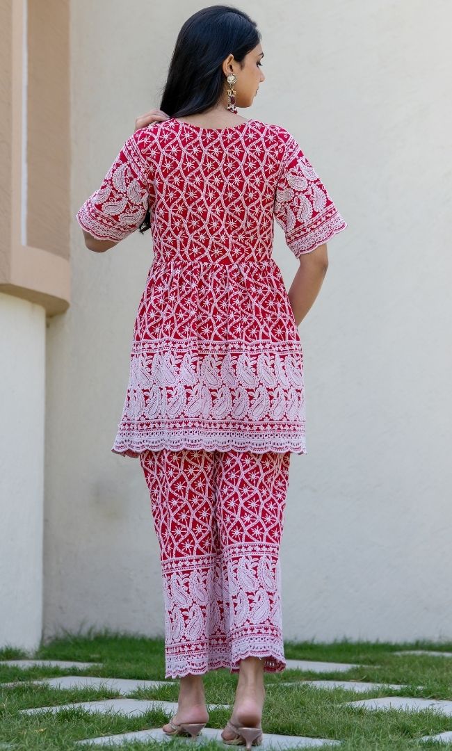 Red Chikankari Top With Pant