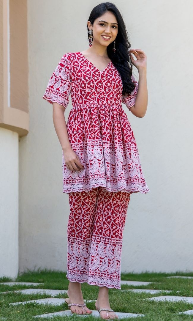 Red Chikankari Top With Pant