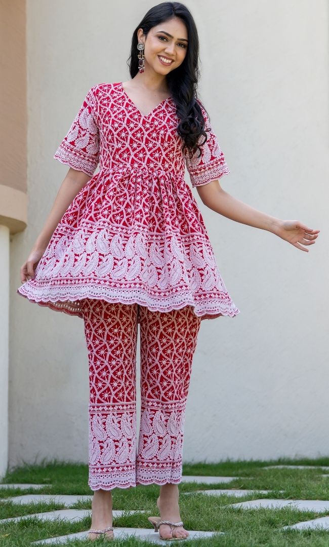 Red Chikankari Top With Pant