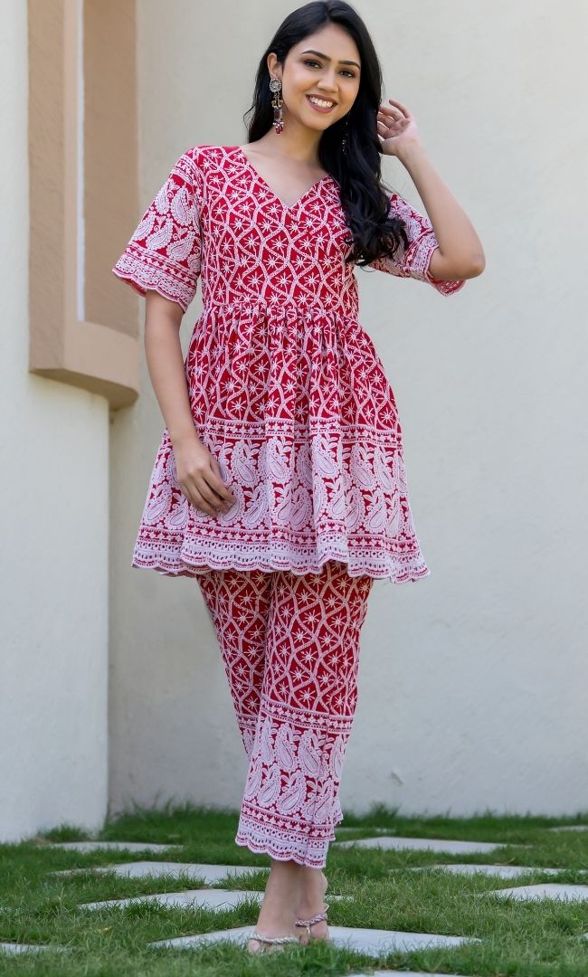 Red Chikankari Top With Pant
