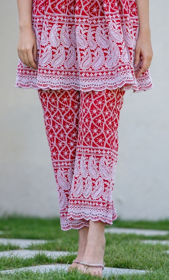 Red Chikankari Top With Pant