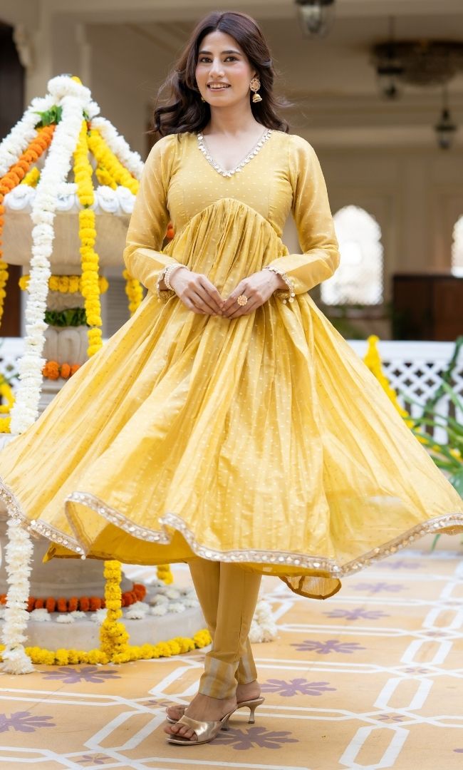 Yumna Yellow Tissue Anarkali Suit Set
