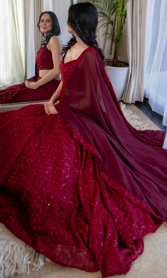 Twilight Maroon Chikankari Lehenga