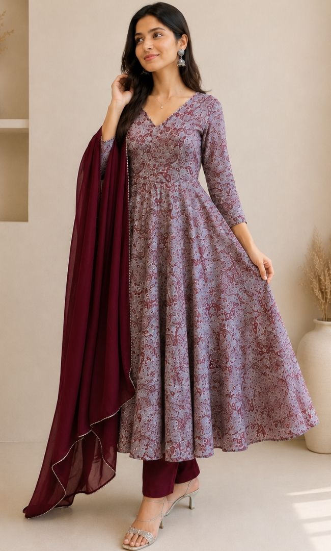 Maroon Floral Organza Anarkali Set