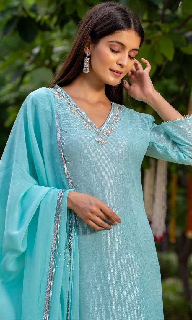 Cyan Blue Lurex Kurta Set