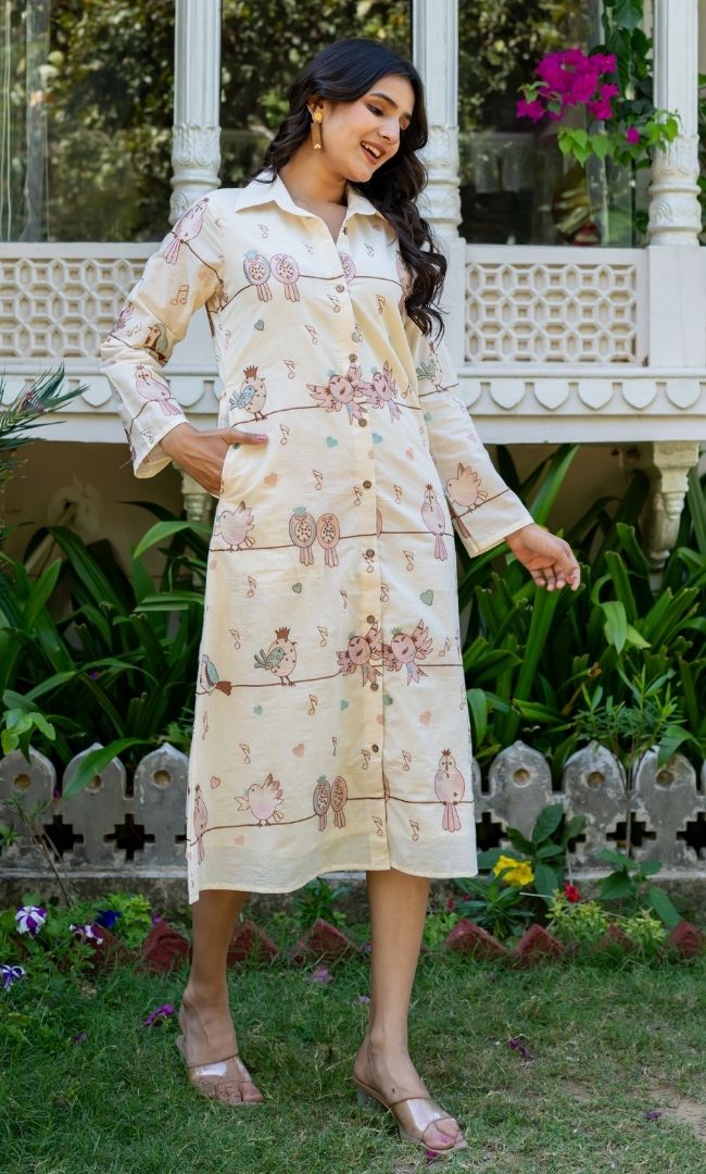 Bird Chirp Cotton Shirt Dress