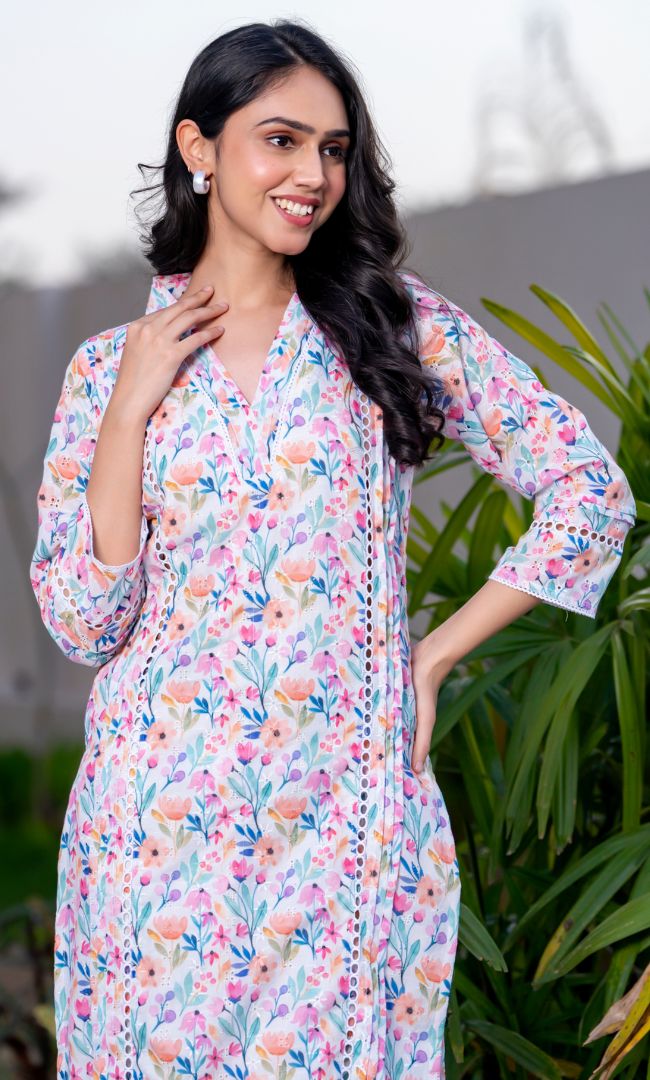 Pastel Floral Pintucks Kurta Set