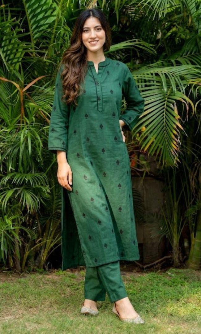 Green Pikes Spades Cotton Kurta Set