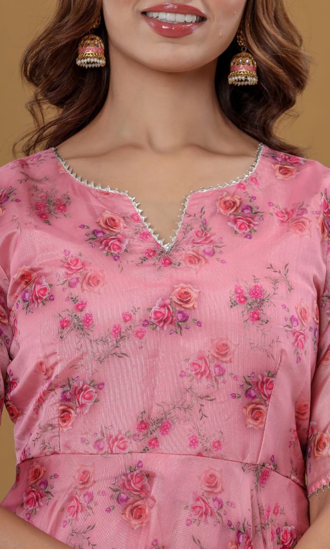 Rose Peach Floral Anarkali Set