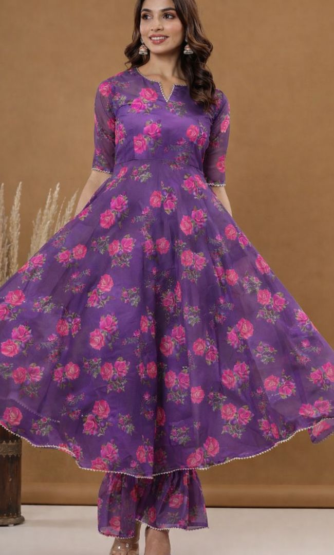Purple Floral Anarkali Set