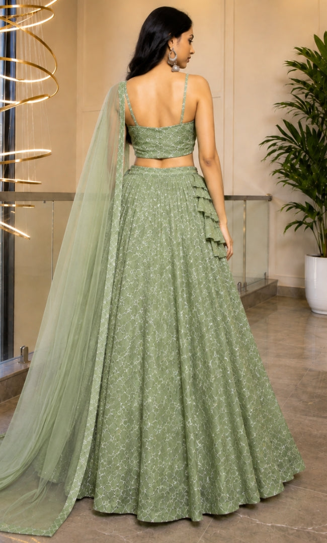 Herbal Green Jaal Embroidery Lehenga Set