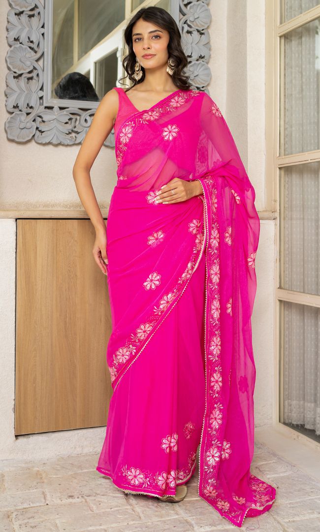 Glittering Pink Shimmer Saree