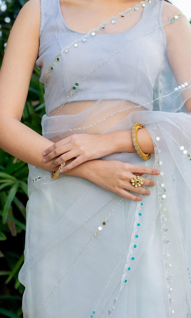 Grey Cutdana And Mirror Work Lines Saree