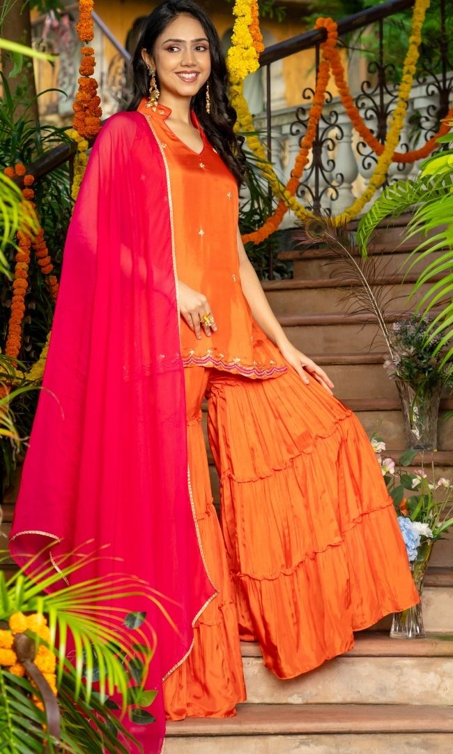 Sunset Orange Upada Silk Sharara Set