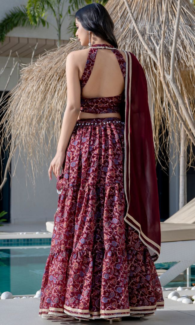 Maroon Halter Neck Lehenga