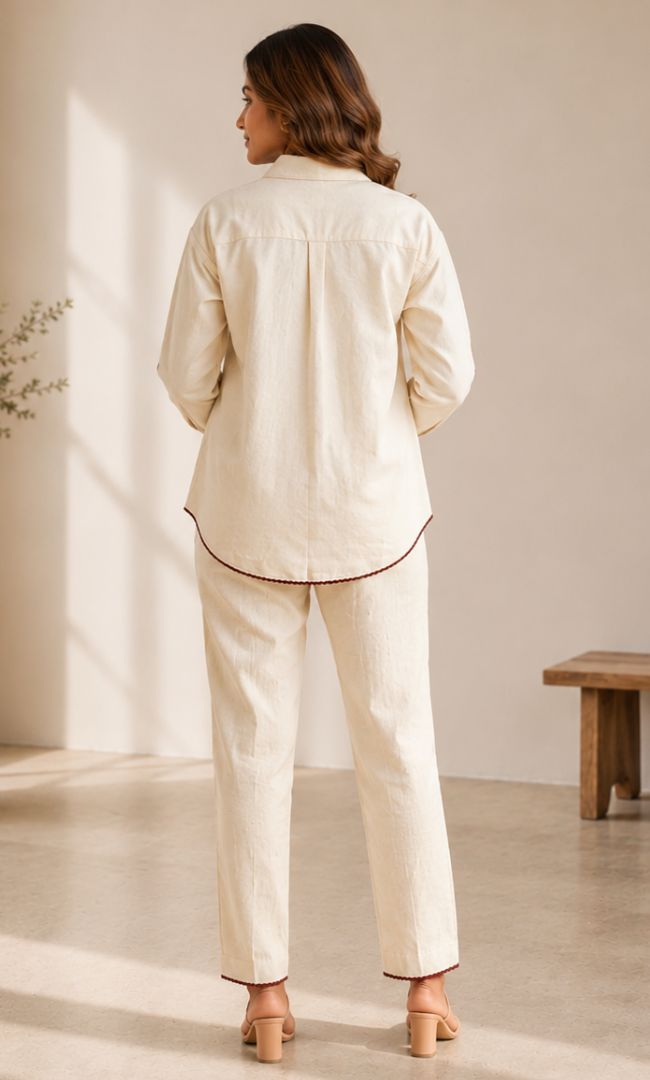 Ecru Maroon Linen Co-ord Set