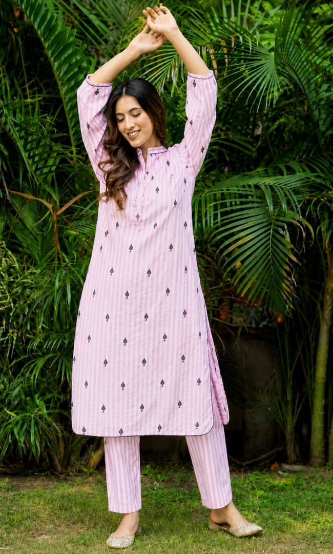 Striped Pikes Spades Cotton Kurta Set