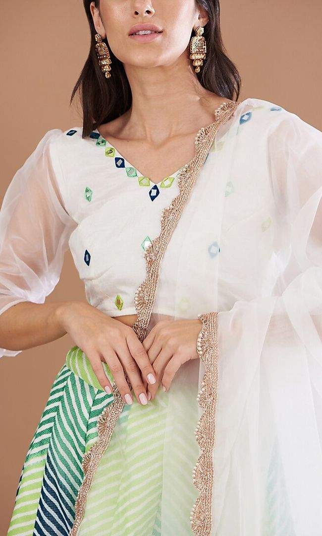 Green-Leheriya Kalidar Lehenga & Mirror Work Blouse With Dupatta Set