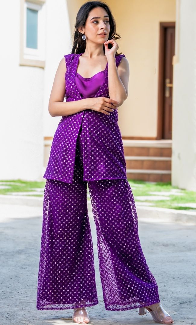 Kiara Purple Embroidered Jacket Set
